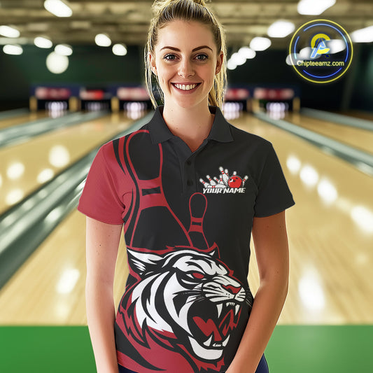 Custom Black And Red Tiger Bowling Jerseys, Tiger Bowling Team Women Polo Shirts IPHW9014