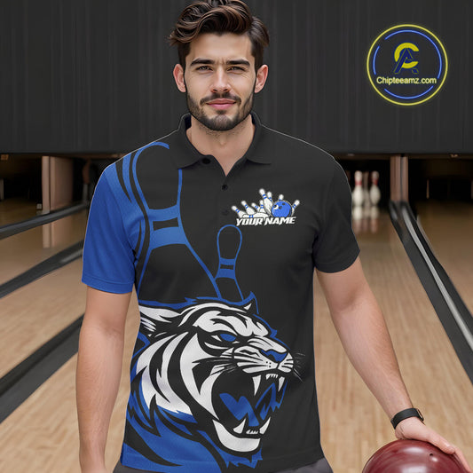 Custom Black And Blue Tiger Bowling Jerseys, Tiger Bowling Team Men Polo Shirts IPHW9015