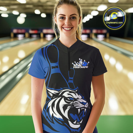 Custom Black And Blue Tiger Bowling Jerseys, Tiger Bowling Team Women Quarter-Zip Shirts IPHW9015