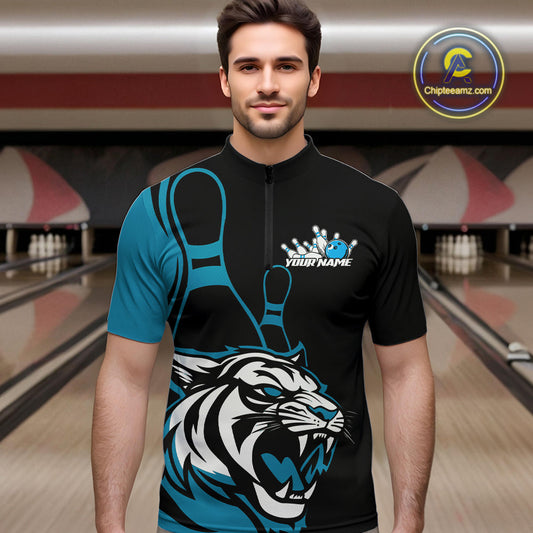Custom Black And Cool Blue Tiger Bowling Jerseys, Tiger Bowling Team Men Quarter-Zip Shirts IPHW9016