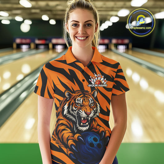 Custom Tiger Bowling Team Polo Shirts For Women, Tiger Bowling Team Uniform Bowler Outfit IPHW9025