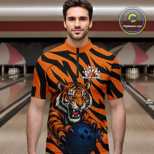 Custom Tiger Bowling Team Quarter-Zip Shirts For Men, Tiger Bowling Team Uniform Bowler Outfit IPHW9025