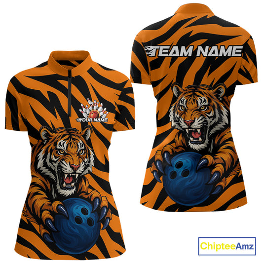 Custom Tiger Bowling Team Quarter-Zip Shirts For Women, Tiger Bowling Team Uniform IPHW9025