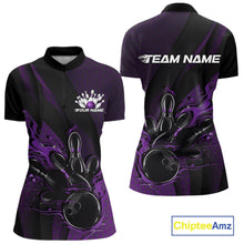 Load image into Gallery viewer, Custom Black And Purple Flame Bowling Quarter-Zip Shirt For Women, Bowling Team Jersey IPHW11182