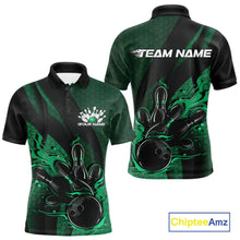 Load image into Gallery viewer, Custom Black And Green Flame Bowling Polo Shirt For Men, Bowling Team Tournament Jersey IPHW11184