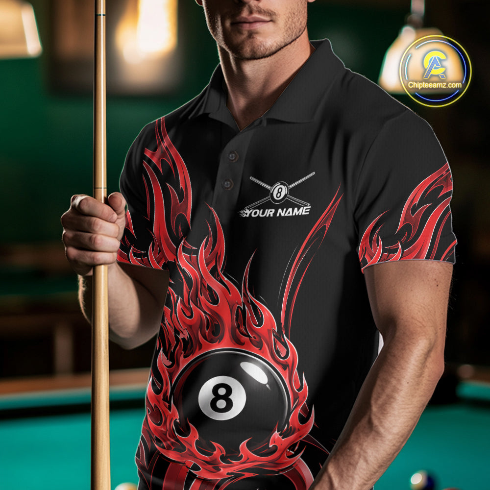 Custom Red Tribal Flame 8 Ball Billiards Men Polo Shirt, Pool League Shirt IPHW11752