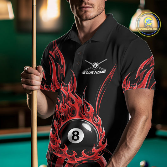 Custom Red Tribal Flame 8 Ball Billiards Men Polo Shirt, Pool League Shirt IPHW11752