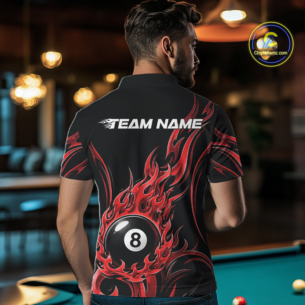 Custom Red Tribal Flame 8 Ball Billiards Men Polo Shirt, Pool League Shirt IPHW11752