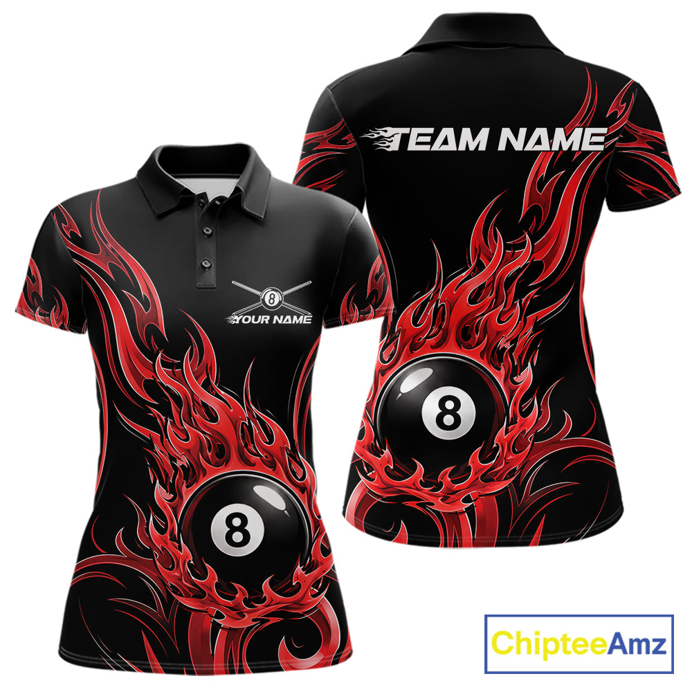 Custom Red Tribal Flame 8 Ball Billiards Women Polo Shirt, Pool League Shirt IPHW11752