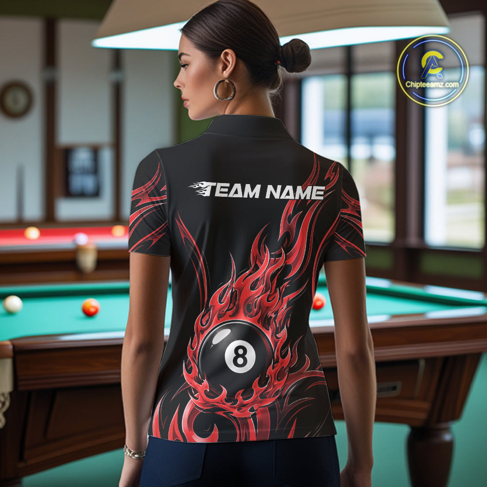 Custom Red Tribal Flame 8 Ball Billiards Women Polo Shirt, Pool League Shirt IPHW11752