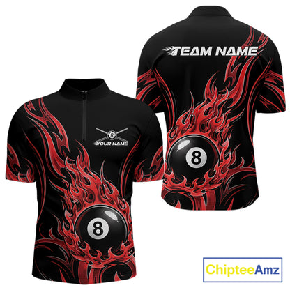 Custom Red Tribal Flame 8 Ball Billiards Men Quarter Zip Shirt, Pool League Shirt IPHW11752