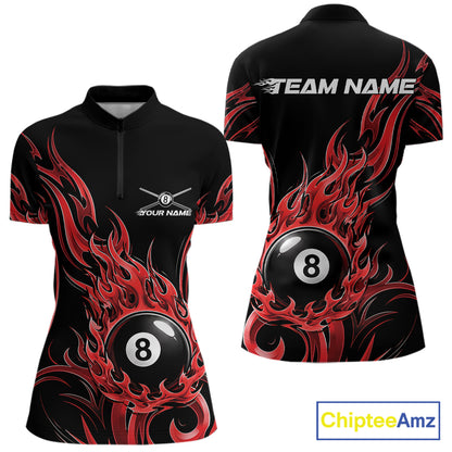 Custom Red Tribal Flame 8 Ball Billiards Women Quarter-Zip Shirt, Pool League Shirt IPHW11752