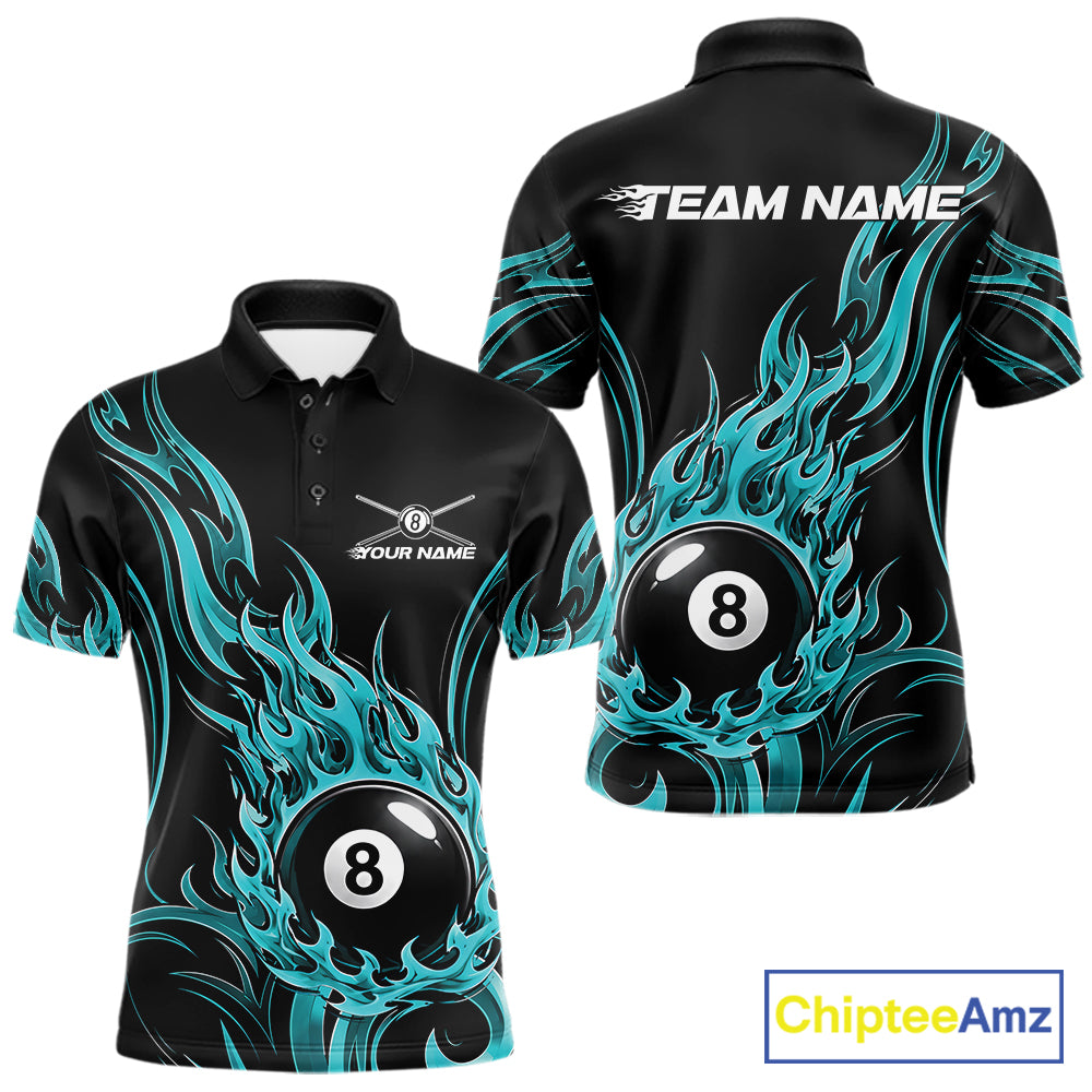 Custom Turquoise Blue Tribal Flame 8 Ball Billiards Men Polo Shirt, Pool League Shirt IPHW11753