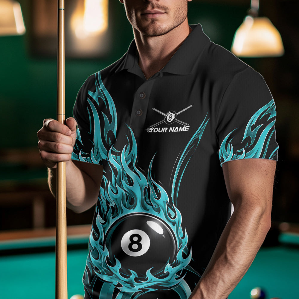 Custom Turquoise Blue Tribal Flame 8 Ball Billiards Men Polo Shirt, Pool League Shirt IPHW11753