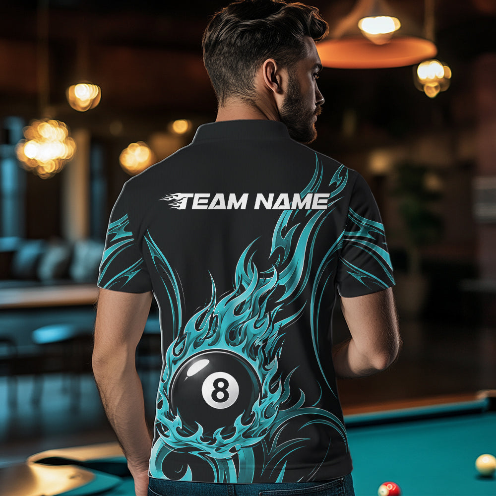 Custom Turquoise Blue Tribal Flame 8 Ball Billiards Men Polo Shirt, Pool League Shirt IPHW11753