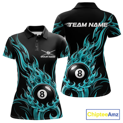 Custom Turquoise Blue Tribal Flame 8 Ball Billiards Women Polo Shirt, Pool League Shirt IPHW11753