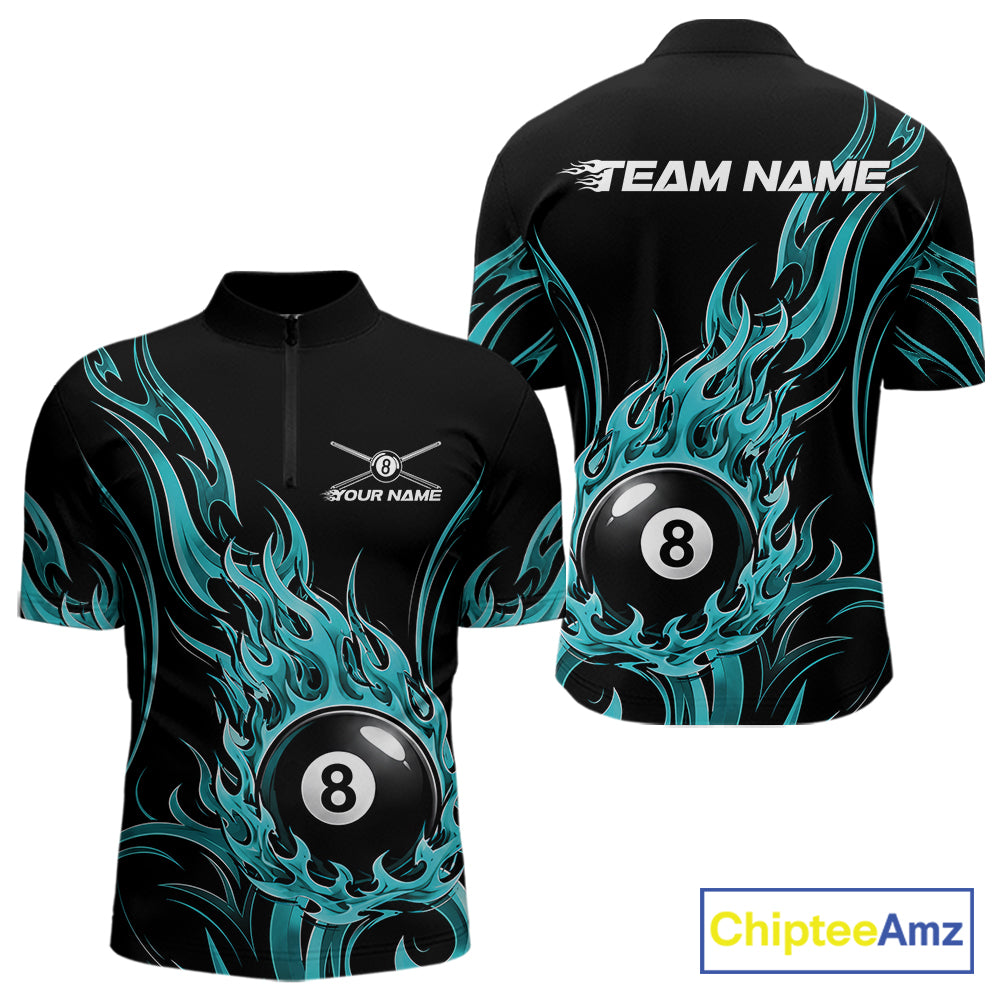 Custom Turquoise Blue Tribal Flame 8 Ball Billiards Men Quarter Zip Shirt, Pool League Shirt IPHW11753