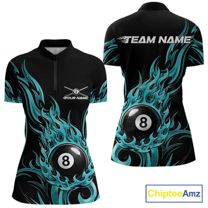 Custom Turquoise Blue Tribal Flame 8 Ball Billiards Women Quarter-Zip Shirt, Pool Shirt IPHW11753