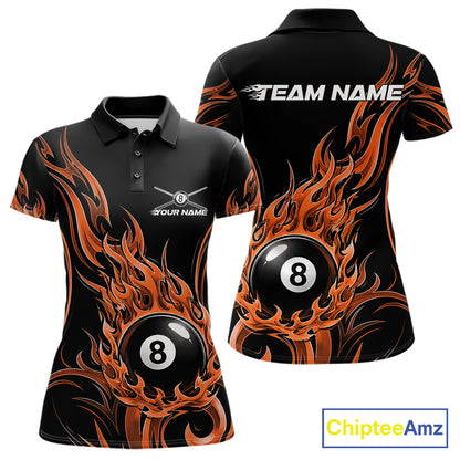 Custom Orange Tribal Flame 8 Ball Billiards Women Polo Shirt, Pool League Shirt IPHW11754