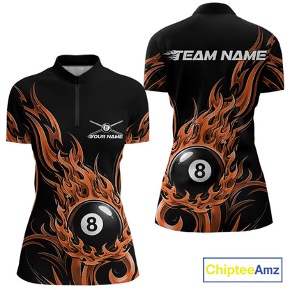 Custom Orange Tribal Flame 8 Ball Billiards Women Quarter-Zip Shirt, Pool League Shirt IPHW11754