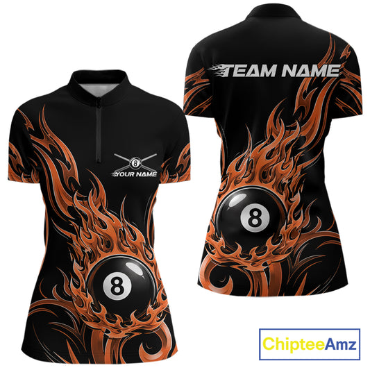 Custom Orange Tribal Flame 8 Ball Billiards Women Quarter-Zip Shirt, Pool League Shirt IPHW11754