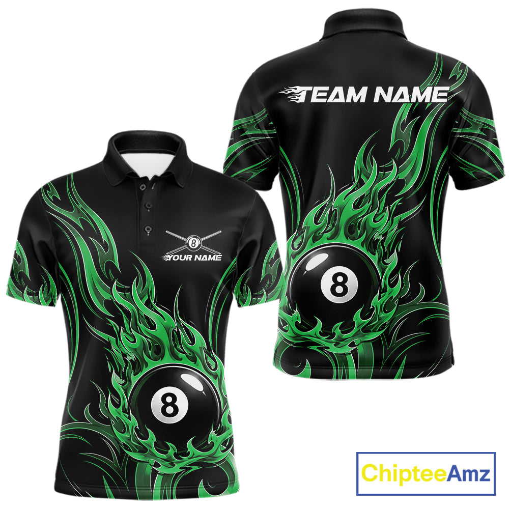 Custom Green Tribal Flame 8 Ball Billiards Men Polo Shirt, Pool League Shirt IPHW11755