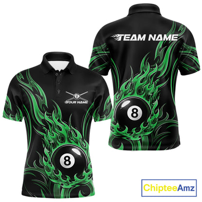Custom Green Tribal Flame 8 Ball Billiards Men Polo Shirt, Pool League Shirt IPHW11755