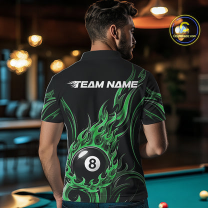 Custom Green Tribal Flame 8 Ball Billiards Men Polo Shirt, Pool League Shirt IPHW11755