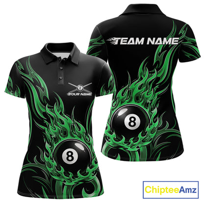 Custom Green Tribal Flame 8 Ball Billiards Women Polo Shirt, Pool League Shirt IPHW11755