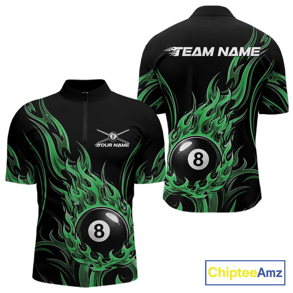 Custom Green Tribal Flame 8 Ball Billiards Men Quarter Zip Shirt, Pool League Shirt IPHW11755