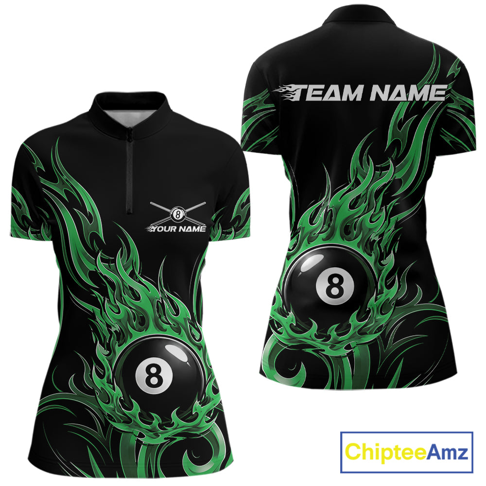 Custom Green Tribal Flame 8 Ball Billiards Women Quarter-Zip Shirt, Pool League Shirt IPHW11755