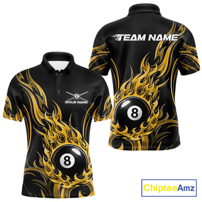 Custom Yellow Tribal Flame 8 Ball Billiards Men Polo Shirt, Pool League Shirt IPHW11756