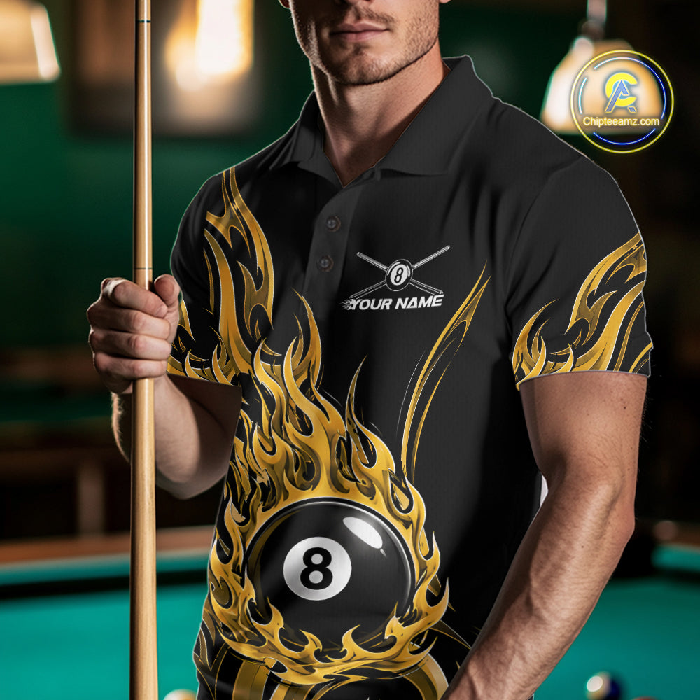 Custom Yellow Tribal Flame 8 Ball Billiards Men Polo Shirt, Pool League Shirt IPHW11756