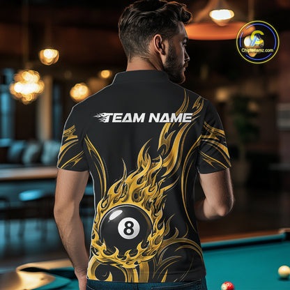Custom Yellow Tribal Flame 8 Ball Billiards Men Polo Shirt, Pool League Shirt IPHW11756