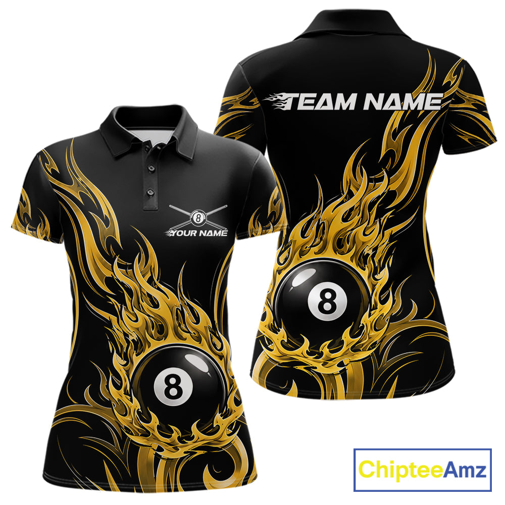 Custom Yellow Tribal Flame 8 Ball Billiards Women Polo Shirt, Pool League Shirt IPHW11756