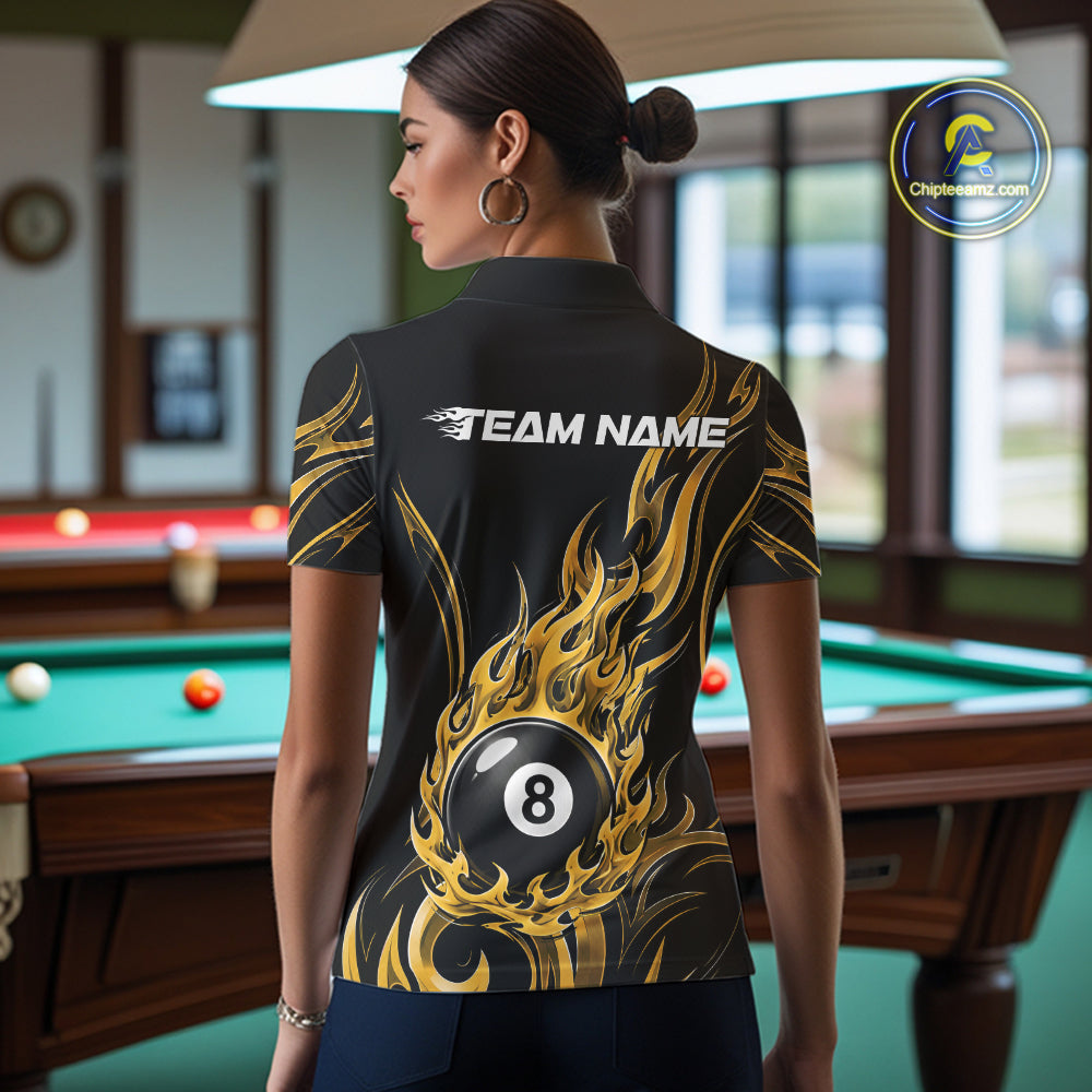 Custom Yellow Tribal Flame 8 Ball Billiards Women Polo Shirt, Pool League Shirt IPHW11756