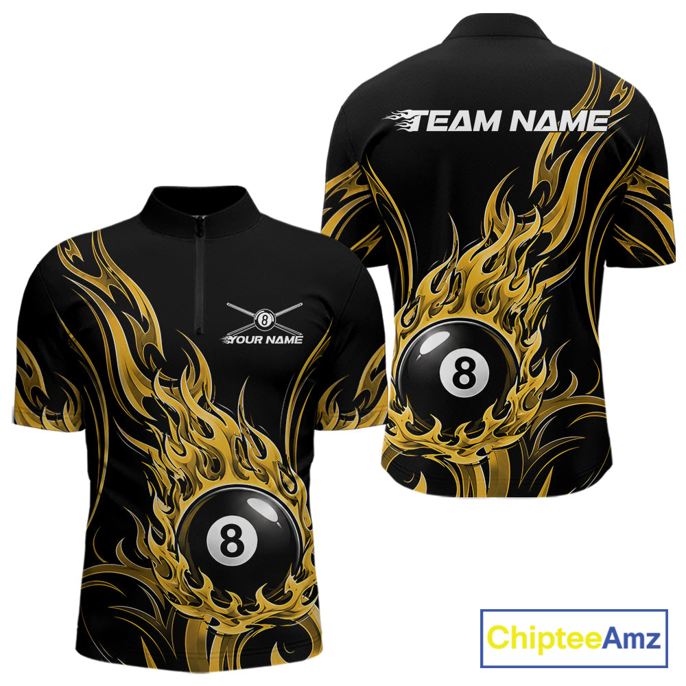 Custom Yellow Tribal Flame 8 Ball Billiards Men Quarter Zip Shirt, Pool League Shirt IPHW11756