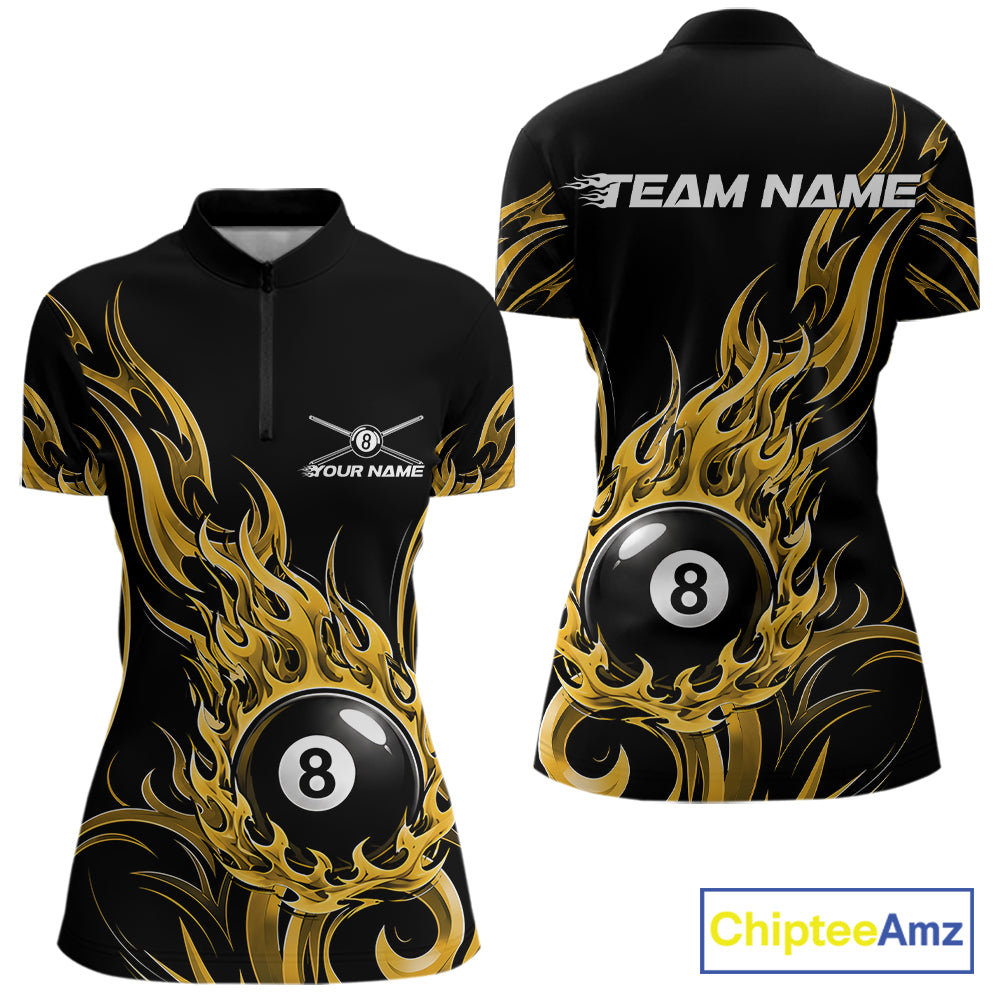 Custom Yellow Tribal Flame 8 Ball Billiards Women Quarter-Zip Shirt, Pool League Shirt IPHW11756