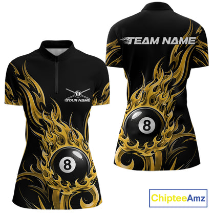 Custom Yellow Tribal Flame 8 Ball Billiards Women Quarter-Zip Shirt, Pool League Shirt IPHW11756