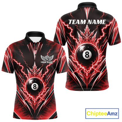 Custom Red Icy Thunder Lightning 8 Ball Billiards Men Polo Shirt, Pool League Shirt IPHW11765