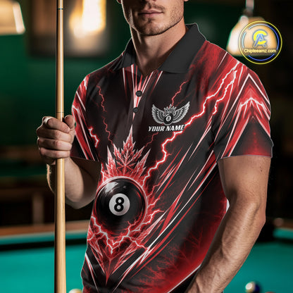 Custom Red Icy Thunder Lightning 8 Ball Billiards Men Polo Shirt, Pool League Shirt IPHW11765