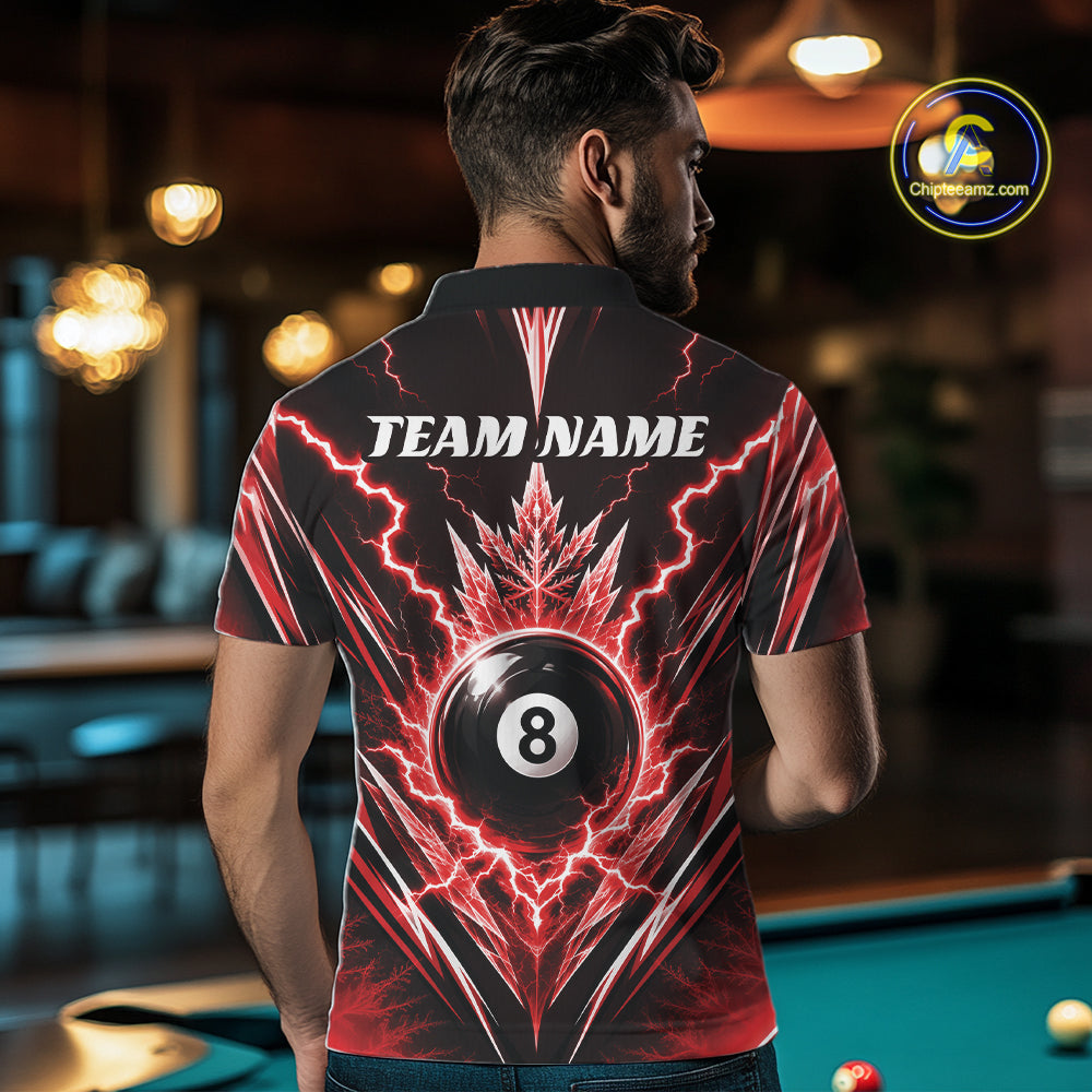 Custom Red Icy Thunder Lightning 8 Ball Billiards Men Polo Shirt, Pool League Shirt IPHW11765