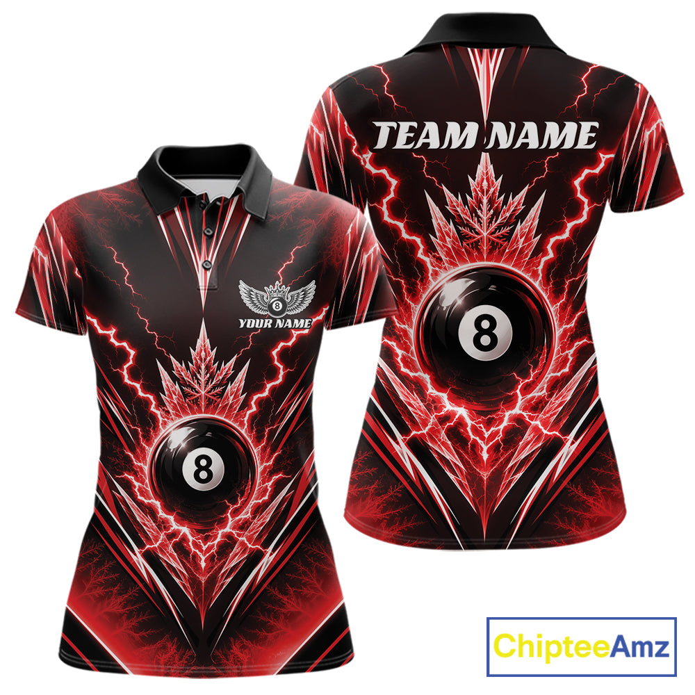 Custom Red Icy Thunder Lightning 8 Ball Billiards Women Polo Shirt, Pool League Shirt IPHW11765