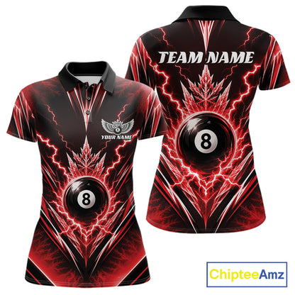 Custom Red Icy Thunder Lightning 8 Ball Billiards Women Polo Shirt, Pool League Shirt IPHW11765