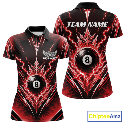 Custom Red Icy Thunder Lightning 8 Ball Billiards Women Polo Shirt, Pool League Shirt IPHW11765