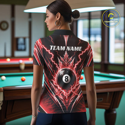 Custom Red Icy Thunder Lightning 8 Ball Billiards Women Polo Shirt, Pool League Shirt IPHW11765