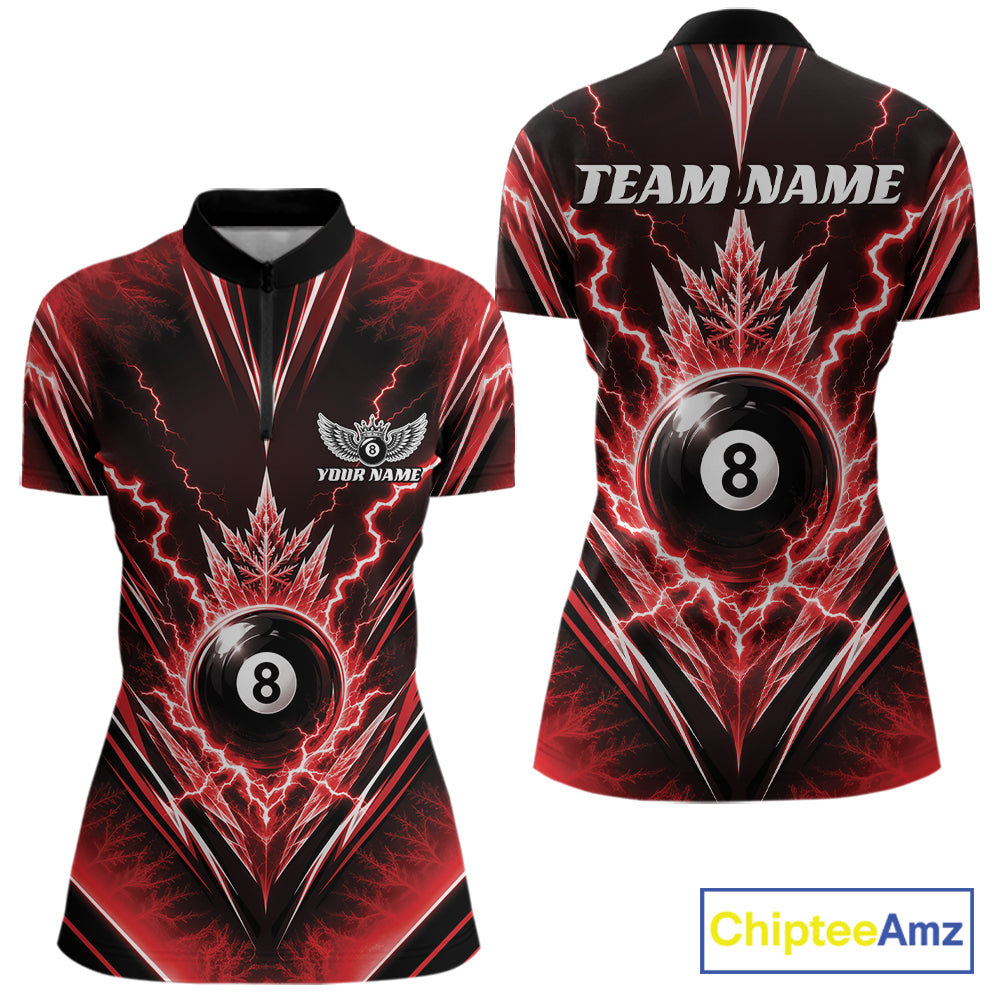 Custom Red Icy Lightning 8 Ball Billiards Women Quarter-Zip Shirt, Pool League Shirt IPHW11765