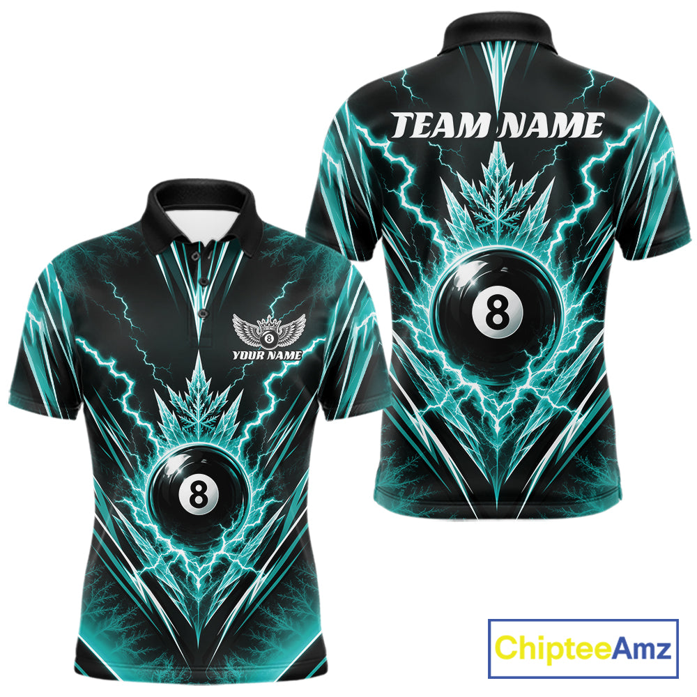 Custom Turquoise Blue Icy Lightning 8 Ball Billiards Men Polo Shirt, Pool League Shirt IPHW11766