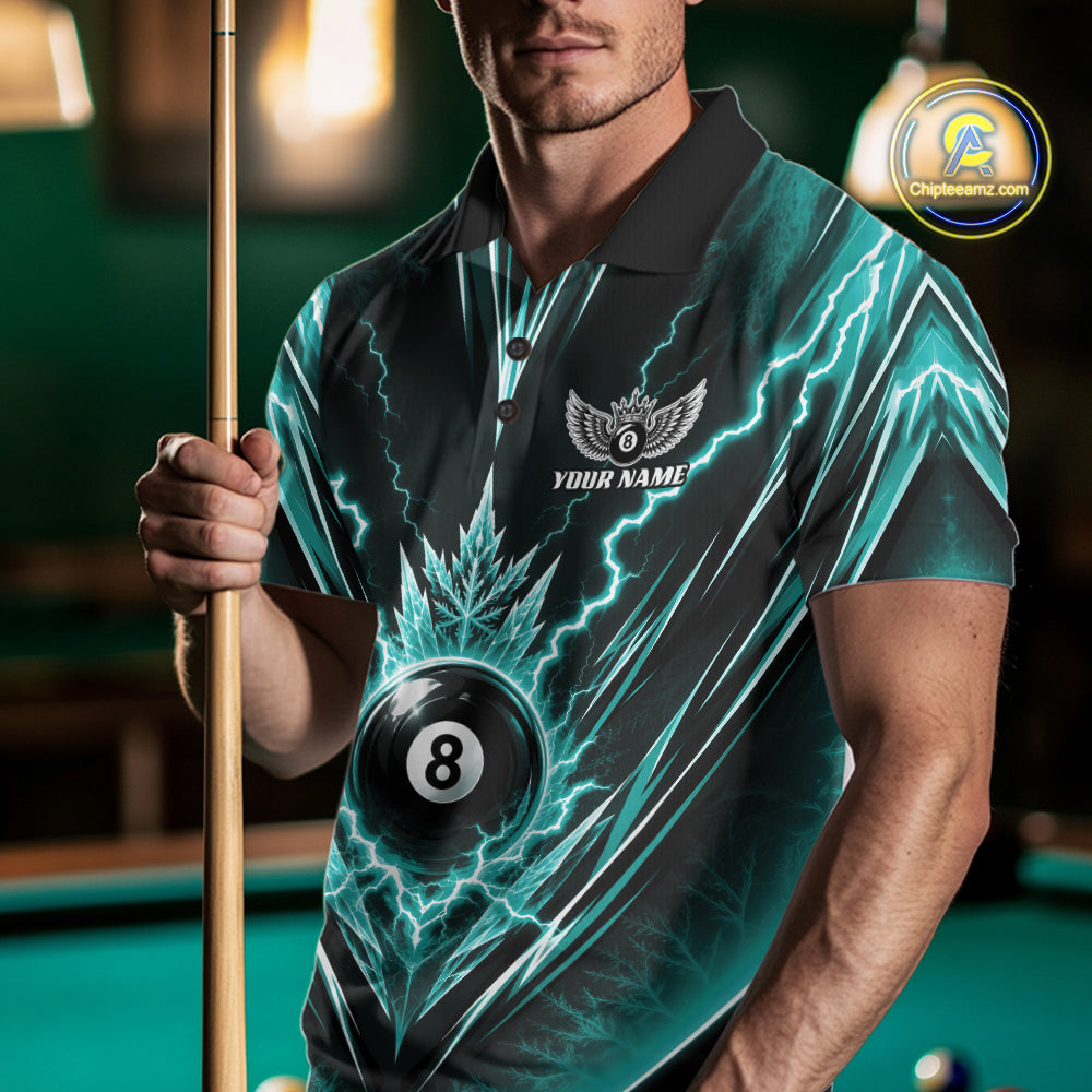 Custom Turquoise Blue Icy Lightning 8 Ball Billiards Men Polo Shirt, Pool League Shirt IPHW11766