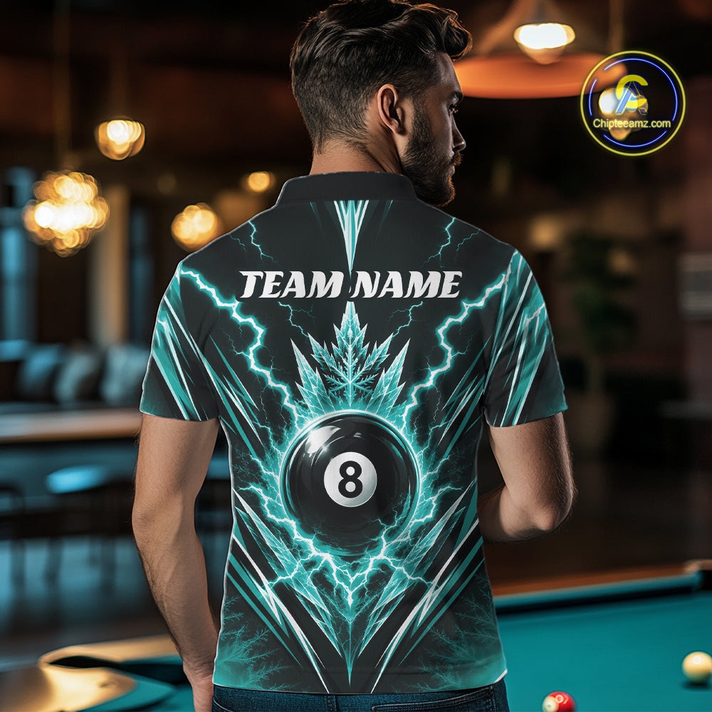 Custom Turquoise Blue Icy Lightning 8 Ball Billiards Men Polo Shirt, Pool League Shirt IPHW11766
